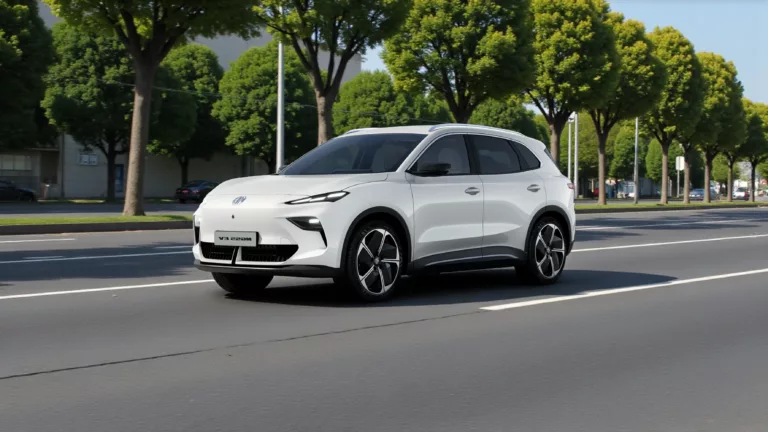 Weißer Kompackt-SUV MG S5 auf großer Straße mit Bäumen im Hintergrund