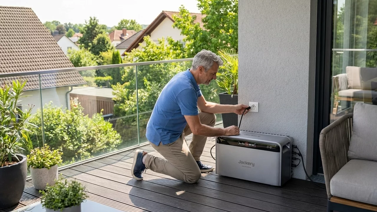 Ein Mann schließt auf einem Balkon einen Stromspeicher an eine Steckdose an (@Jackery)