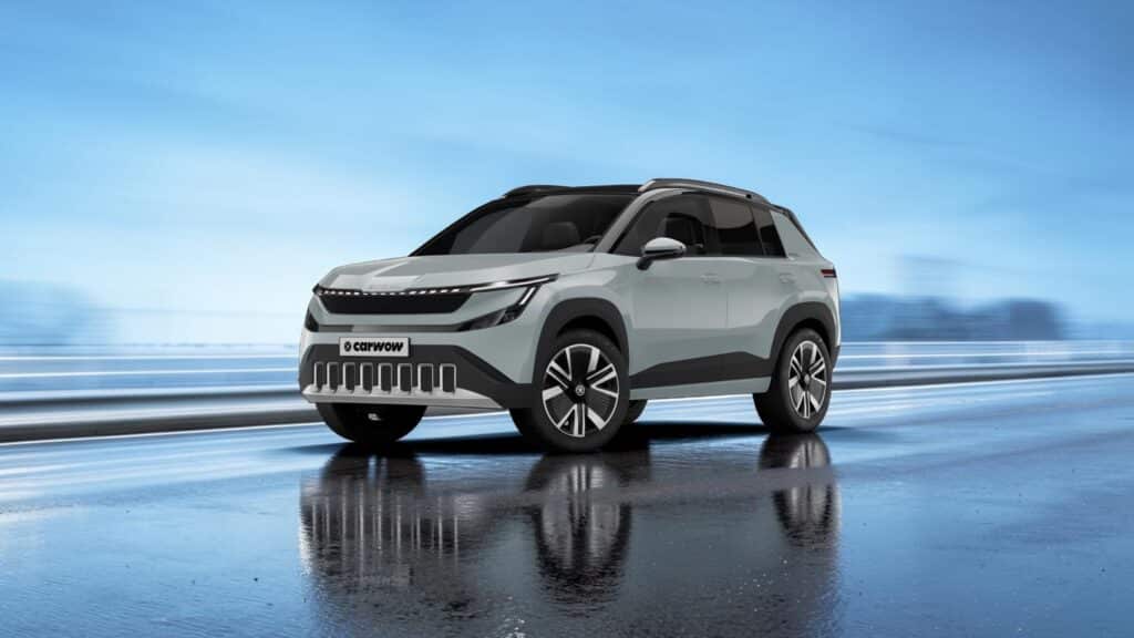 Grauer SUV Skoda Epiq auf blau schimmernder Straße vor dynamischen Hintergrund in Blau grau