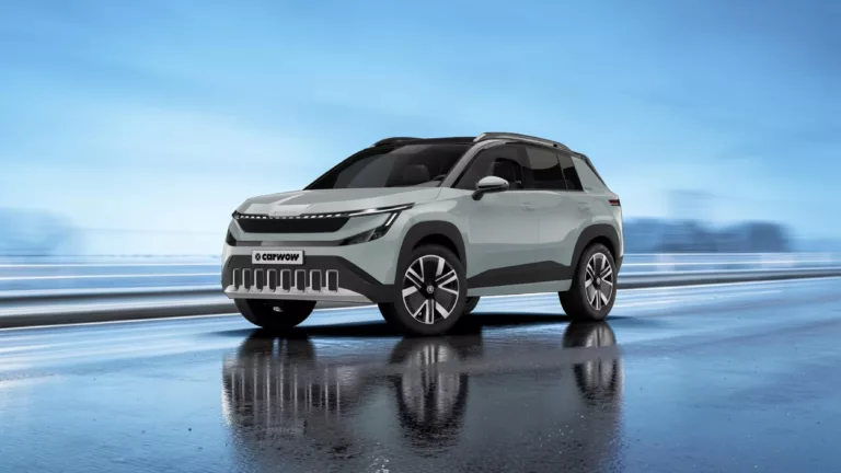 Grauer SUV Skoda Epiq auf blau schimmernder Straße vor dynamischen Hintergrund in Blau grau