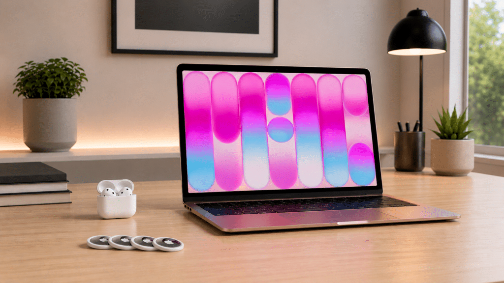 Heller Holzschreibtisch auf dem ein aufgeklapptes Macbook Laptop in rosa mit Pinkem Bildschirmbild stehen und daneben weiße AirPods Kopfhörer im offenem Ladecase, davor liegen vier silbernweiße AirTags aufgereiht.