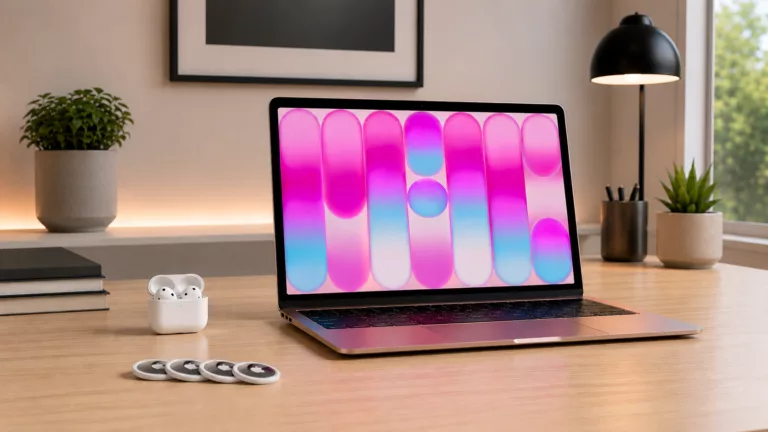 Heller Holzschreibtisch auf dem ein aufgeklapptes Macbook Laptop in rosa mit Pinkem Bildschirmbild stehen und daneben weiße AirPods Kopfhörer im offenem Ladecase, davor liegen vier silbernweiße AirTags aufgereiht.