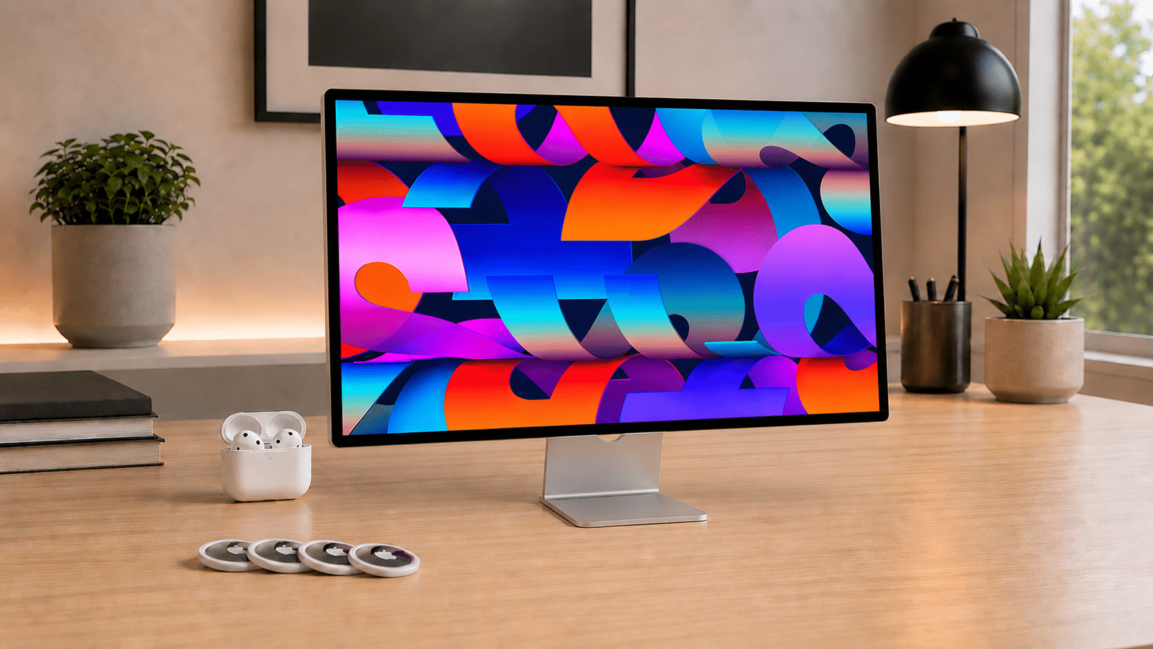 Heller Holzschreibtisch auf dem ein großer Apple-Bildschirm mit buntem Farbbild steht und links daneben vier Airtags und AirPods im Ladecase