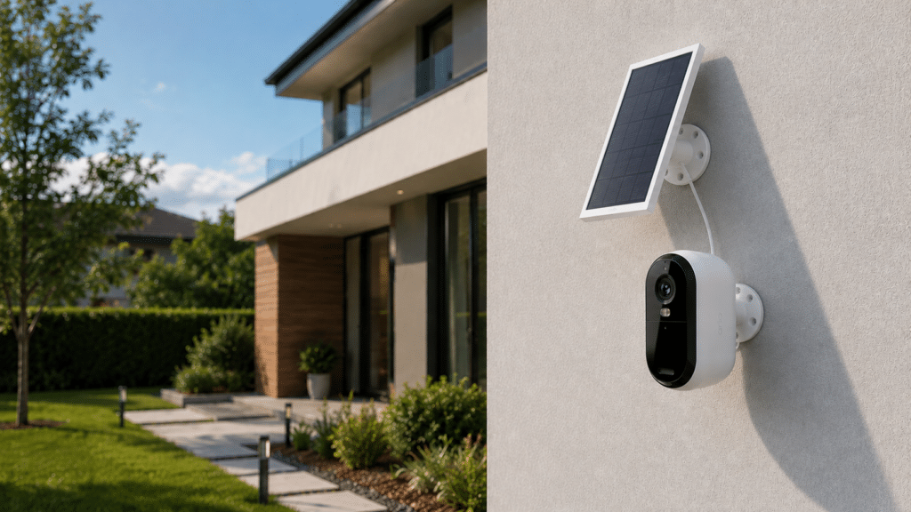 Weiß schwarze elliptische Überwachungskamera mit schmalen Solarpanel darüber an heller Hauswandecke, modernes Haus und gepflegter Garten im Hintergrund