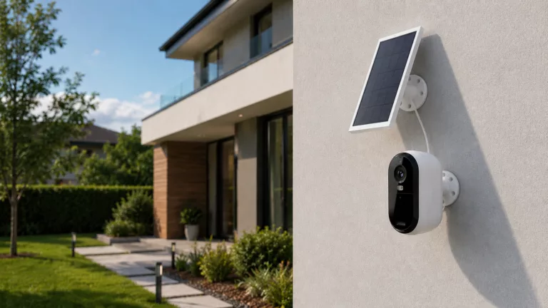 Weiß schwarze elliptische Überwachungskamera mit schmalen Solarpanel darüber an heller Hauswandecke, modernes Haus und gepflegter Garten im Hintergrund