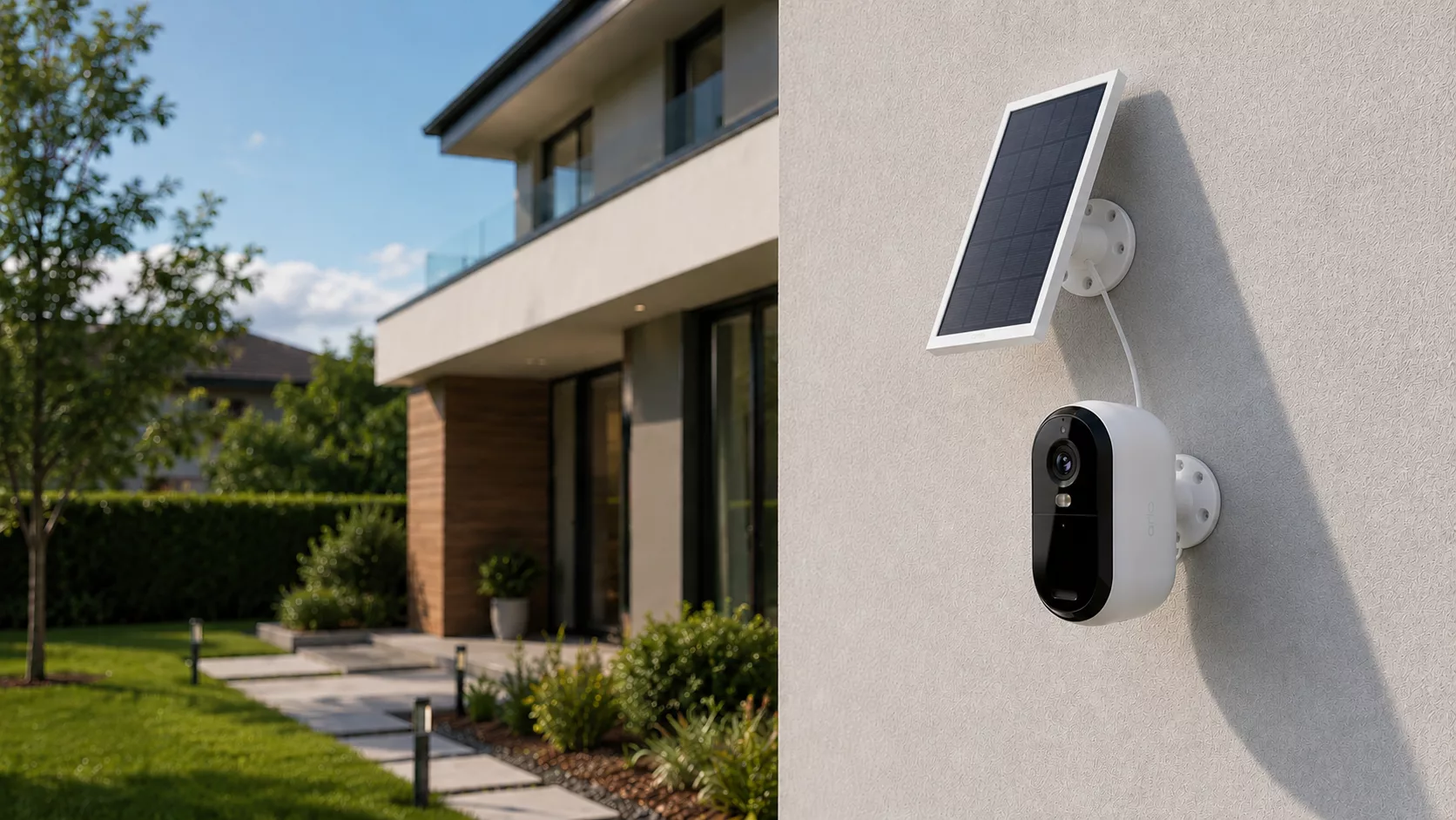 Weiß schwarze elliptische Überwachungskamera mit schmalen Solarpanel darüber an heller Hauswandecke, modernes Haus und gepflegter Garten im Hintergrund
