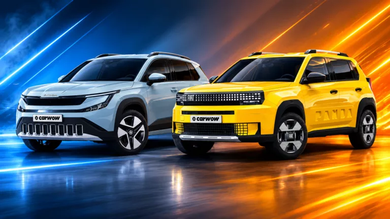 Blaugraues Auto Skoda und gelber Fiat Grande Panda schräg von der Seite nebeneinander versetzt vor blau orangenem Hintergrund