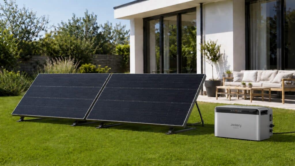Balkonkraftwerk mit zwei Modulen im Vorgarten und Solarspeicher von Jackery