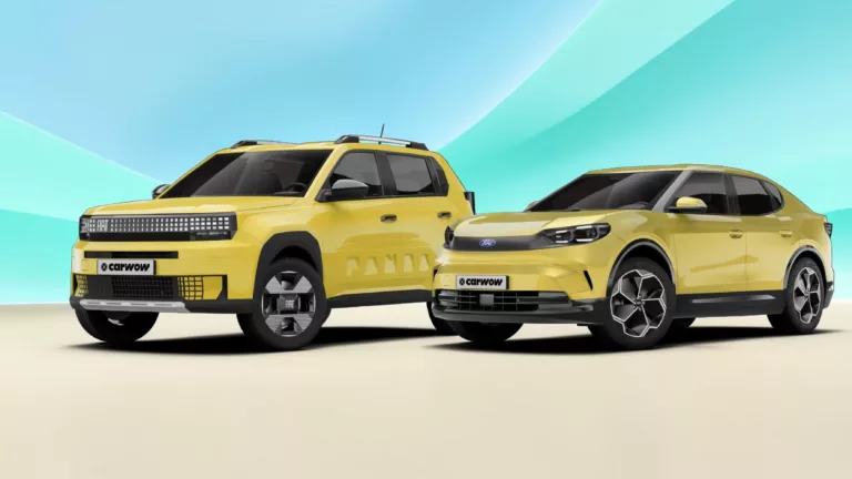 Zwei gelbe unterschiedlich große Autos von Ford und Fiat schräg von der Seite versetzt nebeneinander auf sandfarbenem Untergrund mit türkisem Hintergrund