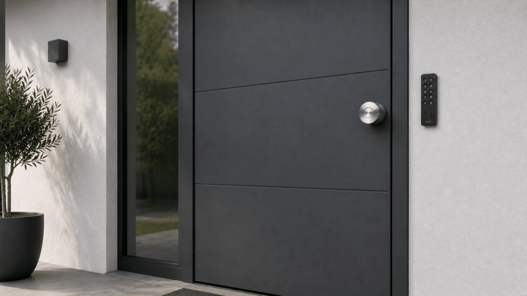 Graue moderne Haustür mit Glas-Element an der Seite in weißer Hausfront schräg von vorne mit einer grünen Pflanzen im Kübel an der Seite und einem silbernen Türknauf und schwarzem Keypad von Nuki an der Seite