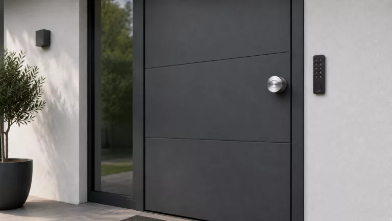 Graue moderne Haustür mit Glas-Element an der Seite in weißer Hausfront schräg von vorne mit einer grünen Pflanzen im Kübel an der Seite und einem silbernen Türknauf und schwarzem Keypad von Nuki an der Seite