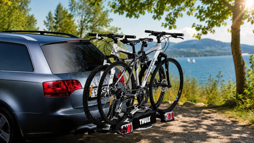 Dunkles Auto-Heck schräg von der Seite links mit Thule-Fahrradträger und zwei weißen drauf montierten Fahrrädern vor sommerlicher Berg- und Seekulisse