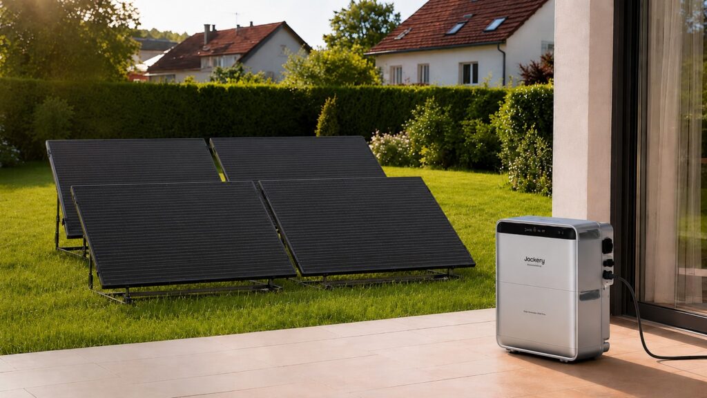 Steckersolargerät mit vier Modulen im Garten, dazu ein Jackery Solarspeicher