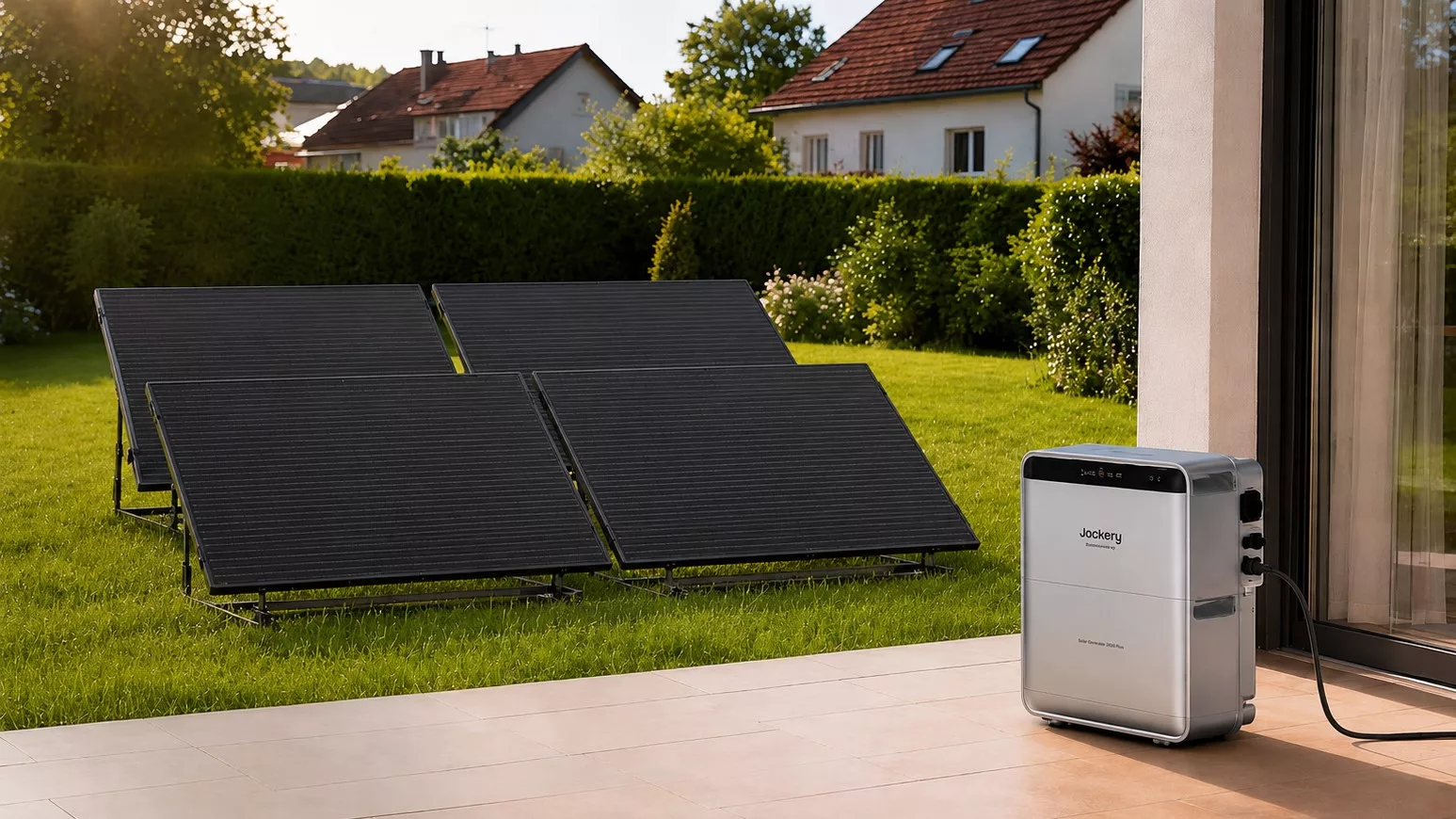 Steckersolargerät mit vier Modulen im Garten, dazu ein Jackery Solarspeicher