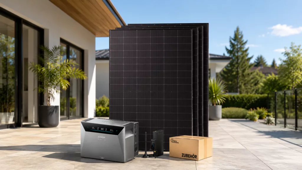 Das Quattro-Set inklusive vier Solarmodulen, Smart Meter, Anker 4 Speicher und Zubehör steht auf einer Terrasse.