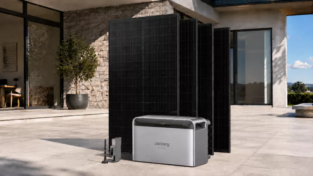 Vier Yuma Module mit Jackery SolarVault 3 Pro Speicher und Smart Meter auf einer Terrasse.
