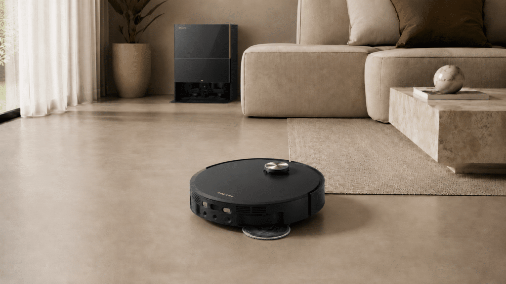 Der Dreame X60 Pro Ultra Complete Saugroboter in einem modernen Wohnzimmer, im Hintergrund die Ladestation