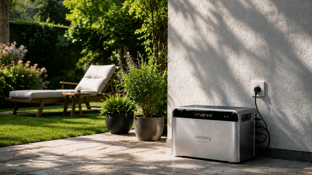 Der graue Stromspeicher Solar Vault 3 von Jackery in einem Garten mit Pflanzen und Grauer Wand (@Jackery / KI-generiert)