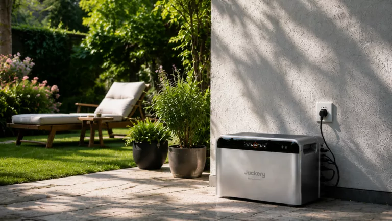 Der graue Stromspeicher Solar Vault 3 von Jackery in einem Garten mit Pflanzen und Grauer Wand (@Jackery / KI-generiert)