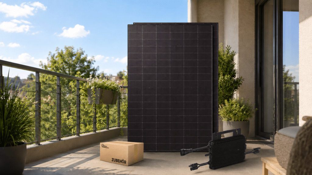 Zwei PV-Module plus Zubehör-Karton und Wechselrichter stehen auf einem grünen Balkon.