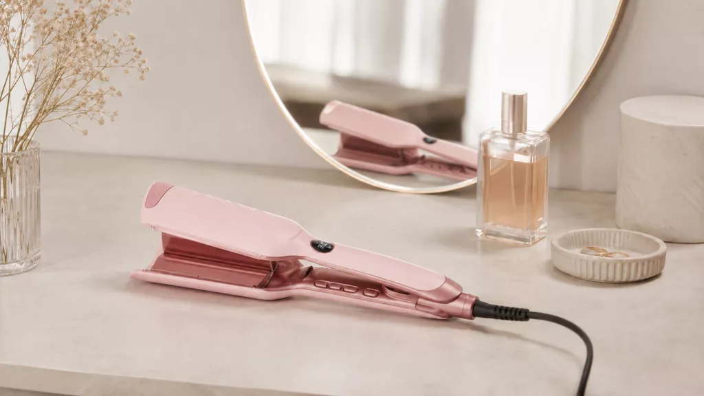 Wavytalk-Welleneisen in Rosa liegt auf einem Schminktisch vor einem Spiegel.
