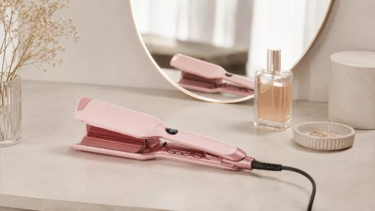 Wavytalk-Welleneisen in Rosa liegt auf einem Schminktisch vor einem Spiegel.