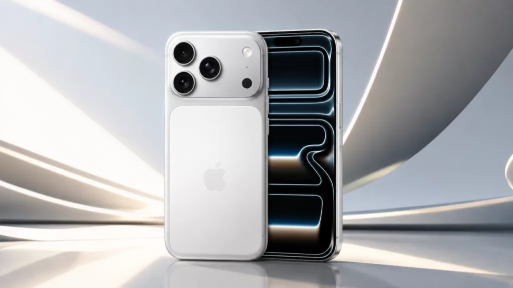 Silbernes iPhone 17 Pro von hinten und vorne, zeigt dunkles Muster auf Bildschirm, während es auf einem silbern, grau goldenem Untergrund vor entsprechendem Hintergrund steht