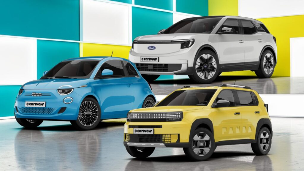 Drei verschiedene Autos schräg von der Seite in einem Dreieck angeordnet in Blau. gelb und Silber auf einem spiegelnden grauen Untergrund vor Türkis gelb weißen Kacheln