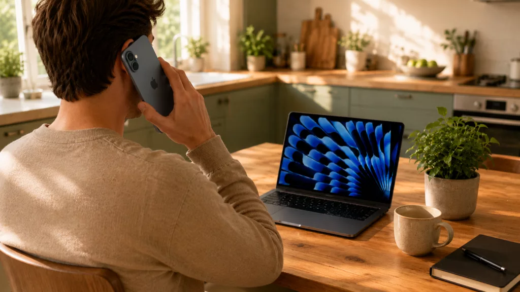 Mann mit iPhone 17 und MacBook Air