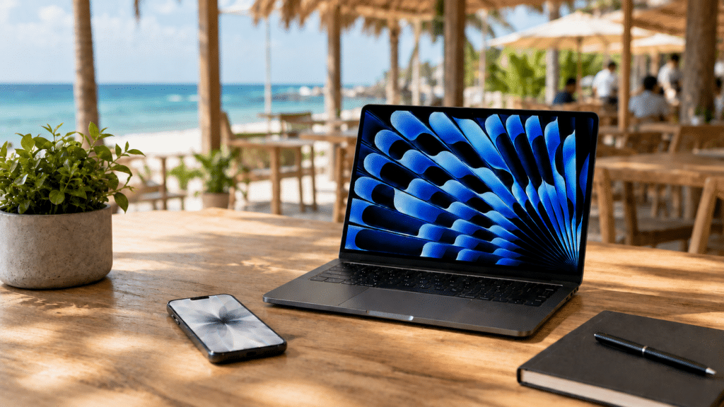 iphone 17 und MacBook Air im Strandcafé
