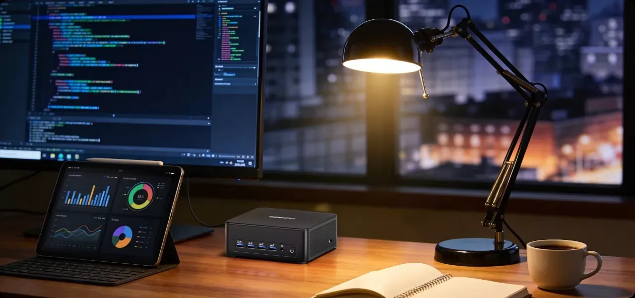 Geekom Mini PC auf einem Schreibtisch mit Tablet und Computerbildschirm.