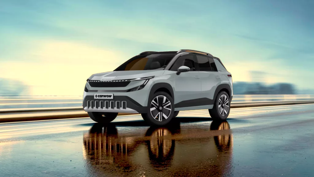 Grauer SUV von Skoda schräg von vorne auf spiegelnder Fläche mit türkis goldenem Hintergrund