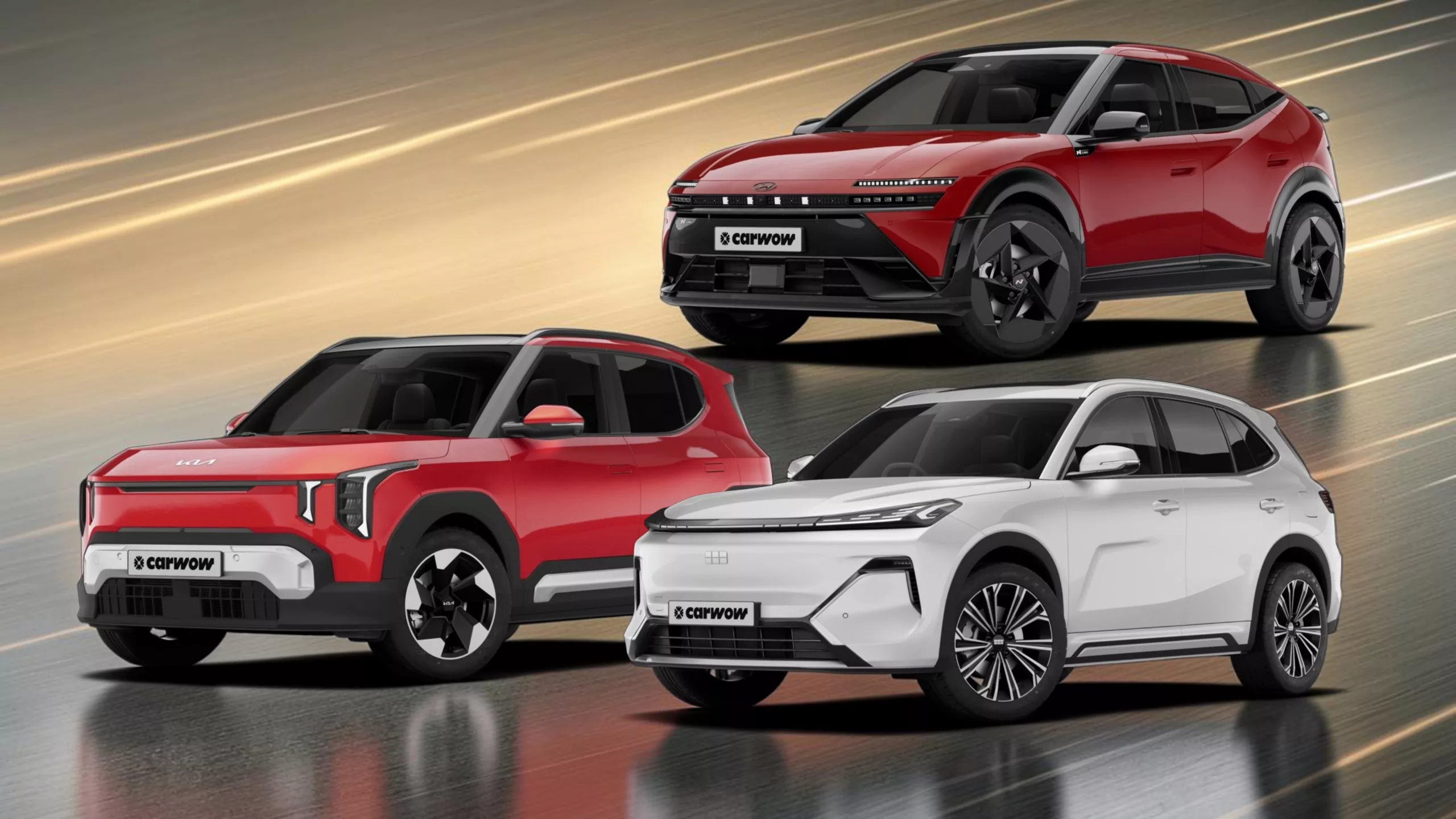 Oben rechts ein dunkelroter Hyundai, unten leicht versetzt ein weißer Geely SUV und links davor versetzt ein roter KIA-Kleinwagen vor grau goldenem Hintergrund auf spiegelnder Fläche