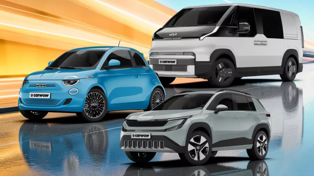 Oben rechts ein silberner Van von Kia, links daneben nach unten versetzt ein blauer kleiner Fiat und noch weiter unten wieder nach rechts versetzt ein grauer SUV von Skoda, alle schräg von der Seite nach links gerichtet vor orange blauem Hintergrund auf spiegelnder Fläche