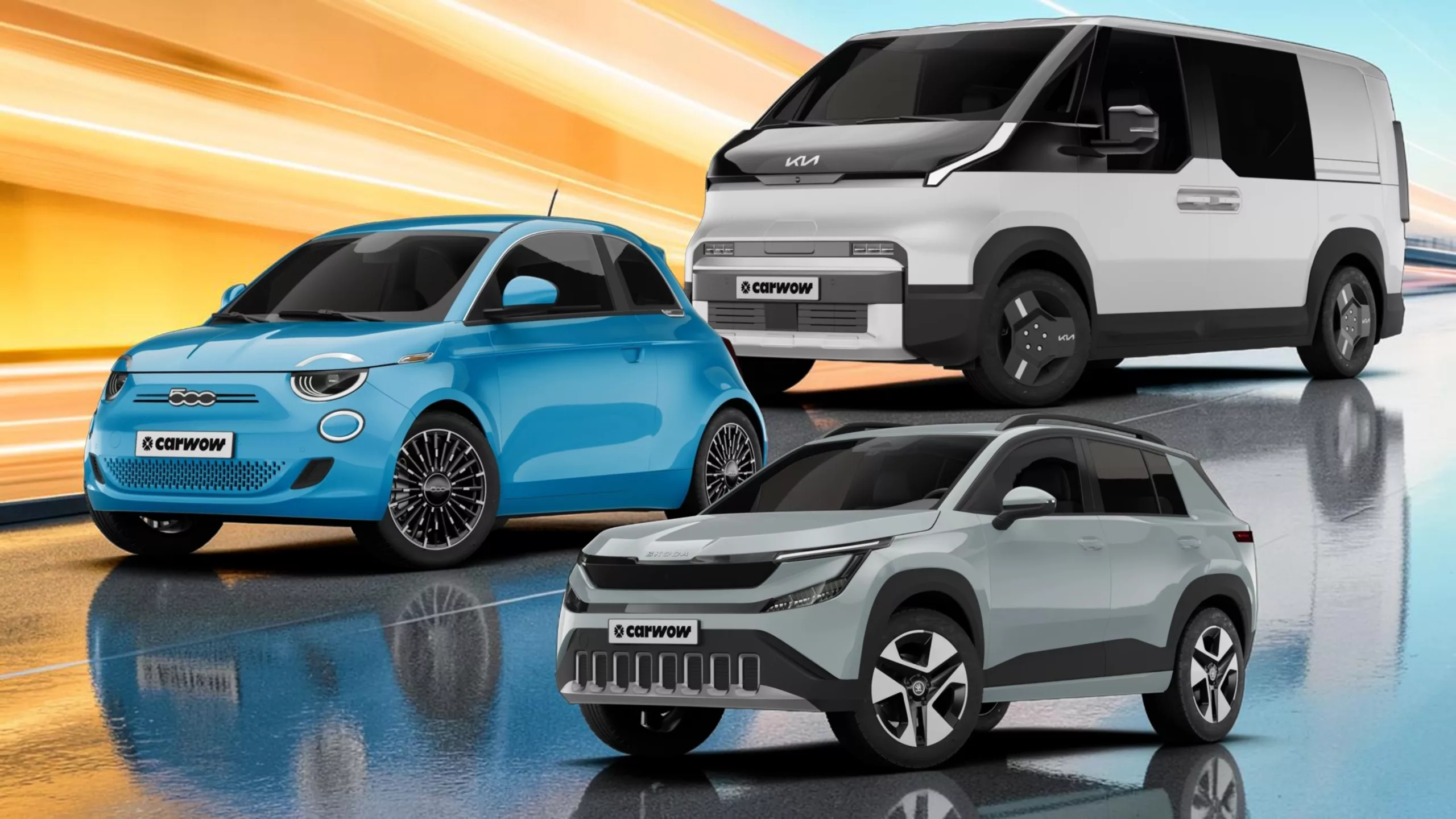 Oben rechts ein silberner Van von Kia, links daneben nach unten versetzt ein blauer kleiner Fiat und noch weiter unten wieder nach rechts versetzt ein grauer SUV von Skoda, alle schräg von der Seite nach links gerichtet vor orange blauem Hintergrund auf spiegelnder Fläche