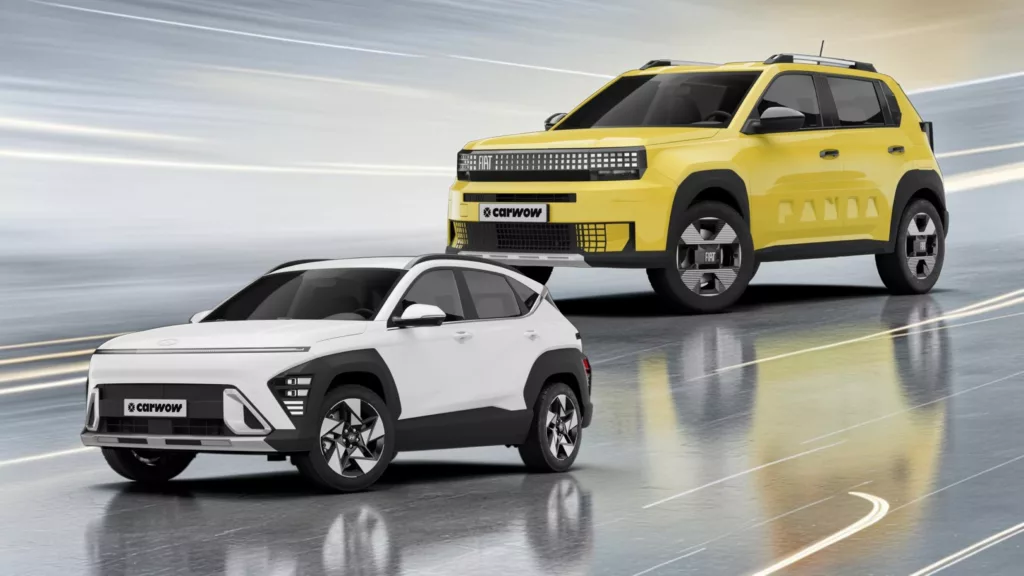 Unten links ein silberner Hyundai SUV und oben rechts ein gelber Fiat Panda schräg von vorne vor silbern goldenem Hintergrund auf spiegelnder Fläche