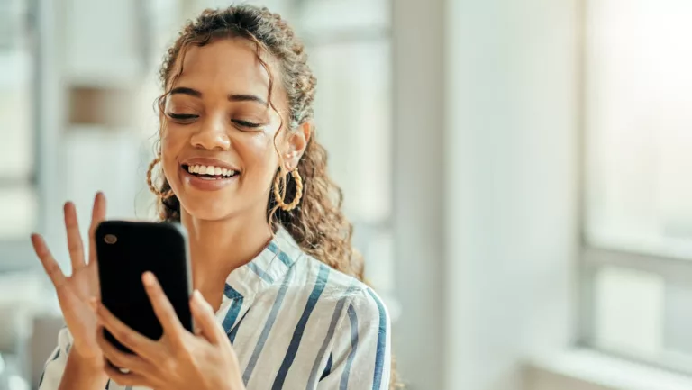 Social media, connection and woman typing on a phone for communication, app and chat. Web, search and corporate employee reading a conversation on a mobile, networking and texting on a mobile app