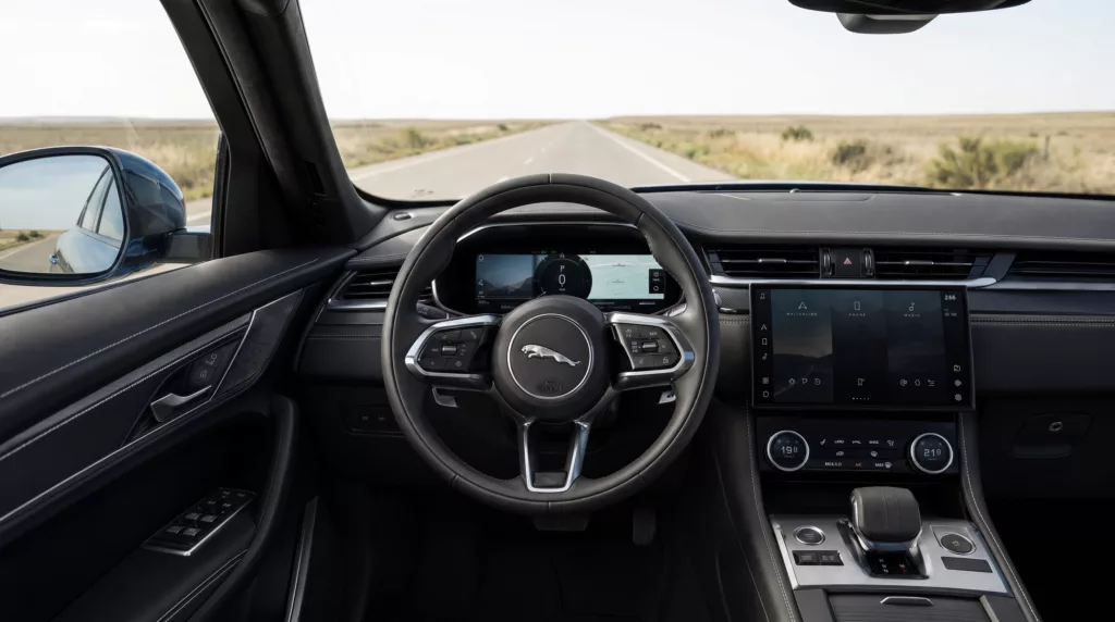 Jaguar F-Pace Cockpit aus Fahrersicht. Schwarz verkleidet, Display über Mittelkonsole, Blick auf Landstraße umgeben von hellem Gras