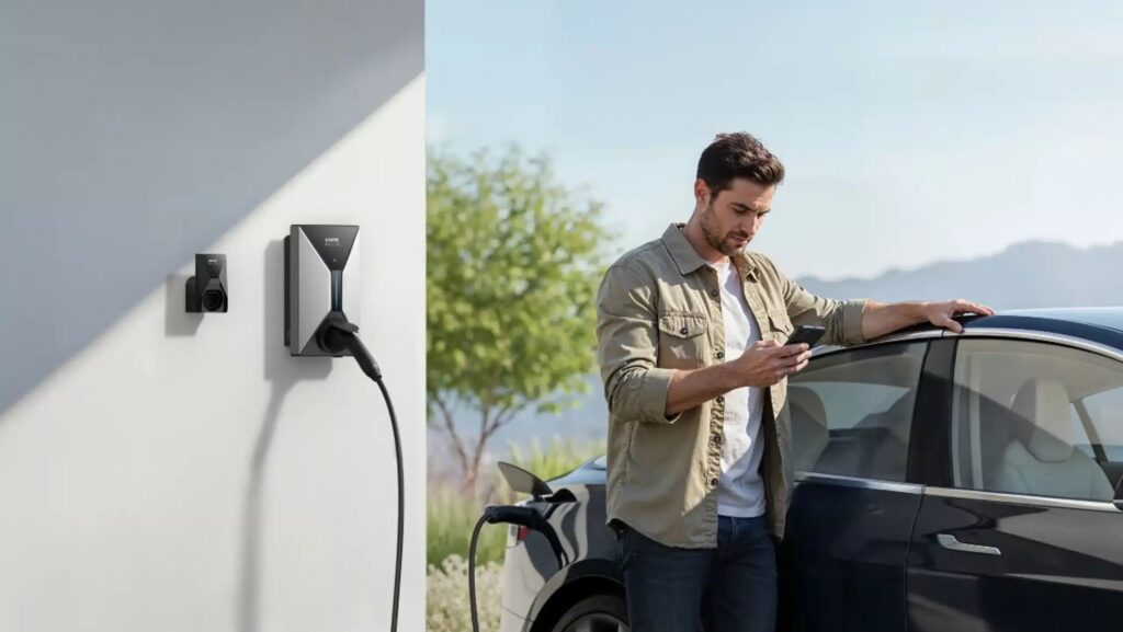 Junger, dunkelhaariger Mann mit Bart steht seitlich an schwarzem Auto und guckt auf Smartphone, links neben ihm eine weiße Hauswand an der eine rechteckige silber schwarze Wallbox hängt und ein schwarzes Kabel verbindet Box und Auto. Blauer Himmel und Bergpanorama im Hintergrund