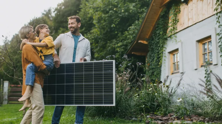 Links blonde Frau mit hellbraun haarigem Mädchen auf dem Arm, daneben ein braunhaariger Mann, der ein schwarzes Solarmodul waagerecht hält, alle lächeln vor grünem Garten, rechts Ecke von weißem Haus mit Holzverkleidung