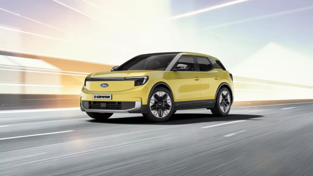 Gelbes Auto Ford Explorer schräg von der Seite nach links fahrend auf grauem Untergrund. Hell blauer Hintergrund mit orange goldenen Lichtstreifen