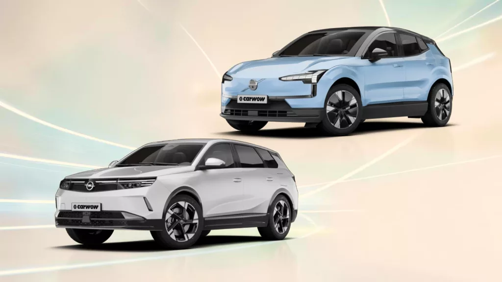 Unten links ein silberner SUV von Opel schräg von der Seite nach links fahrend, dadrüber nach rechts versetzt ein hellblauer Volvo Kleinwagen vor Cremefarbenden Hintergrund mit hellblauen Färbungen