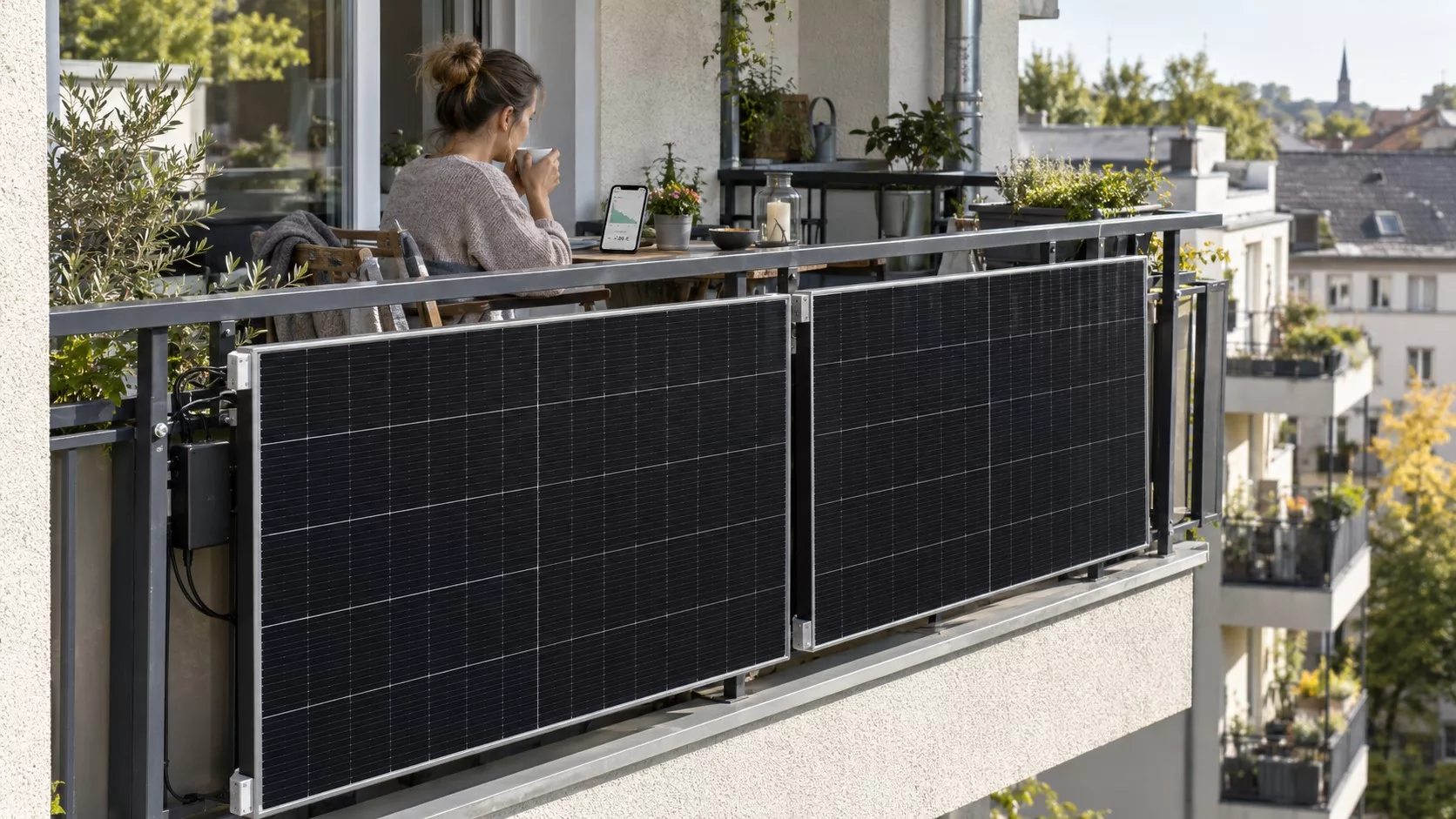 Zwei Solarmodule hängen an einem Stadtbalkon, auf dem Balkon sitzt eine Frau mit dem Rücken zum Betrachter, sie blickt auf ein Smartphone.