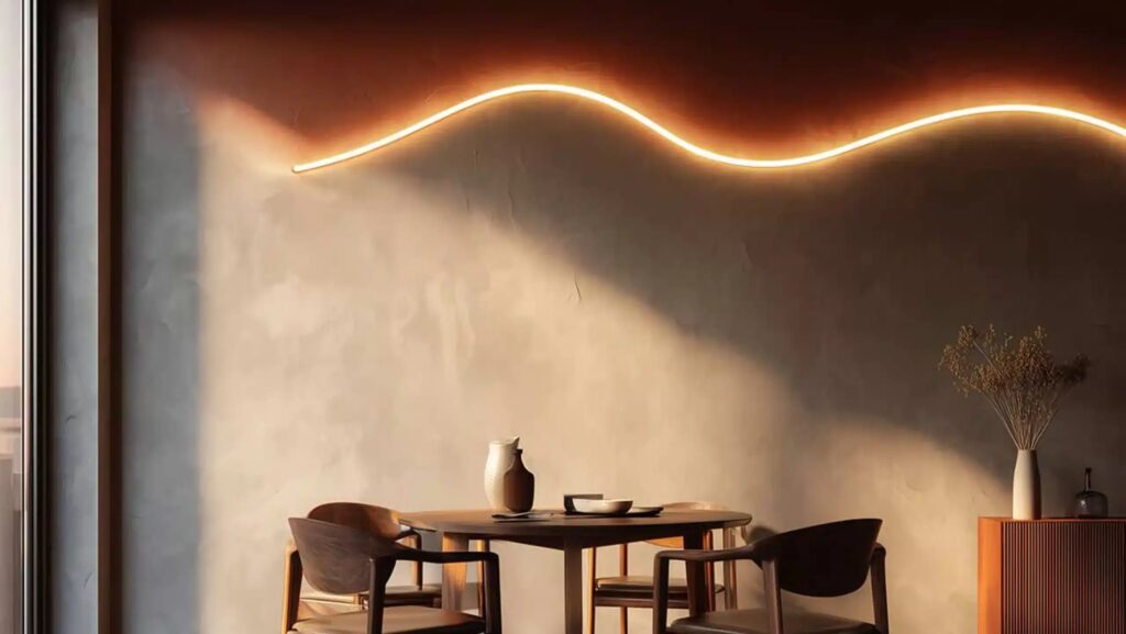 Raum mit Sandfarbener Wand an der ein geschlängelter Leuchtstreifen in warmen Licht angebracht ist. Auf dem Holzboden ein Holztisch mit Stühlen. Viel Schatten, links ein Fenster