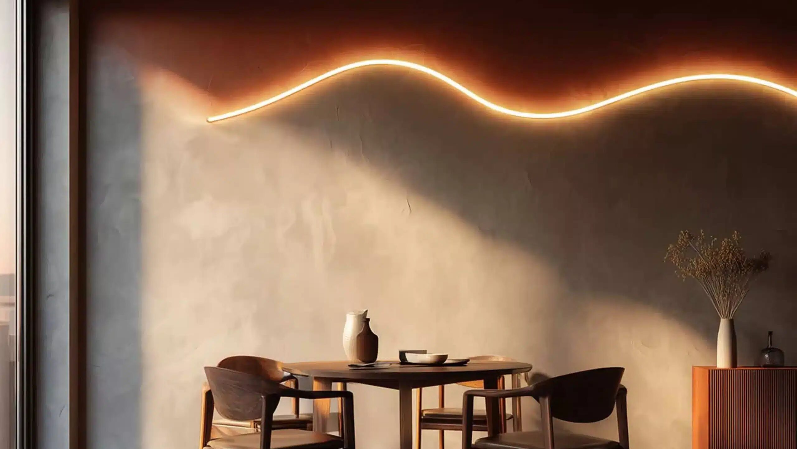 Raum mit Sandfarbener Wand an der ein geschlängelter Leuchtstreifen in warmen Licht angebracht ist. Auf dem Holzboden ein Holztisch mit Stühlen. Viel Schatten, links ein Fenster