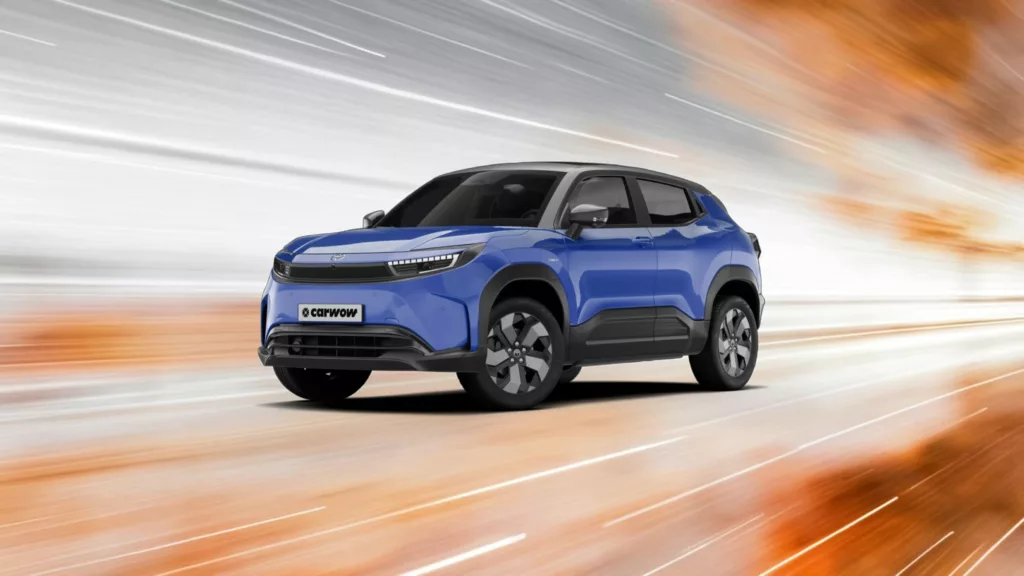 Blauer kleiner SUV von Toyota schräg von vorne nach links fahrend vor orange braunem Hintergrund mit silber weißen Streifen