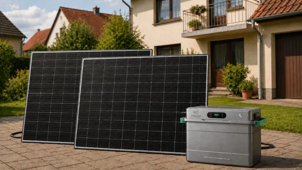 Balkonkraftwerk mit zwei Modulen im Vorgarten und Solarspeicher von Zendure