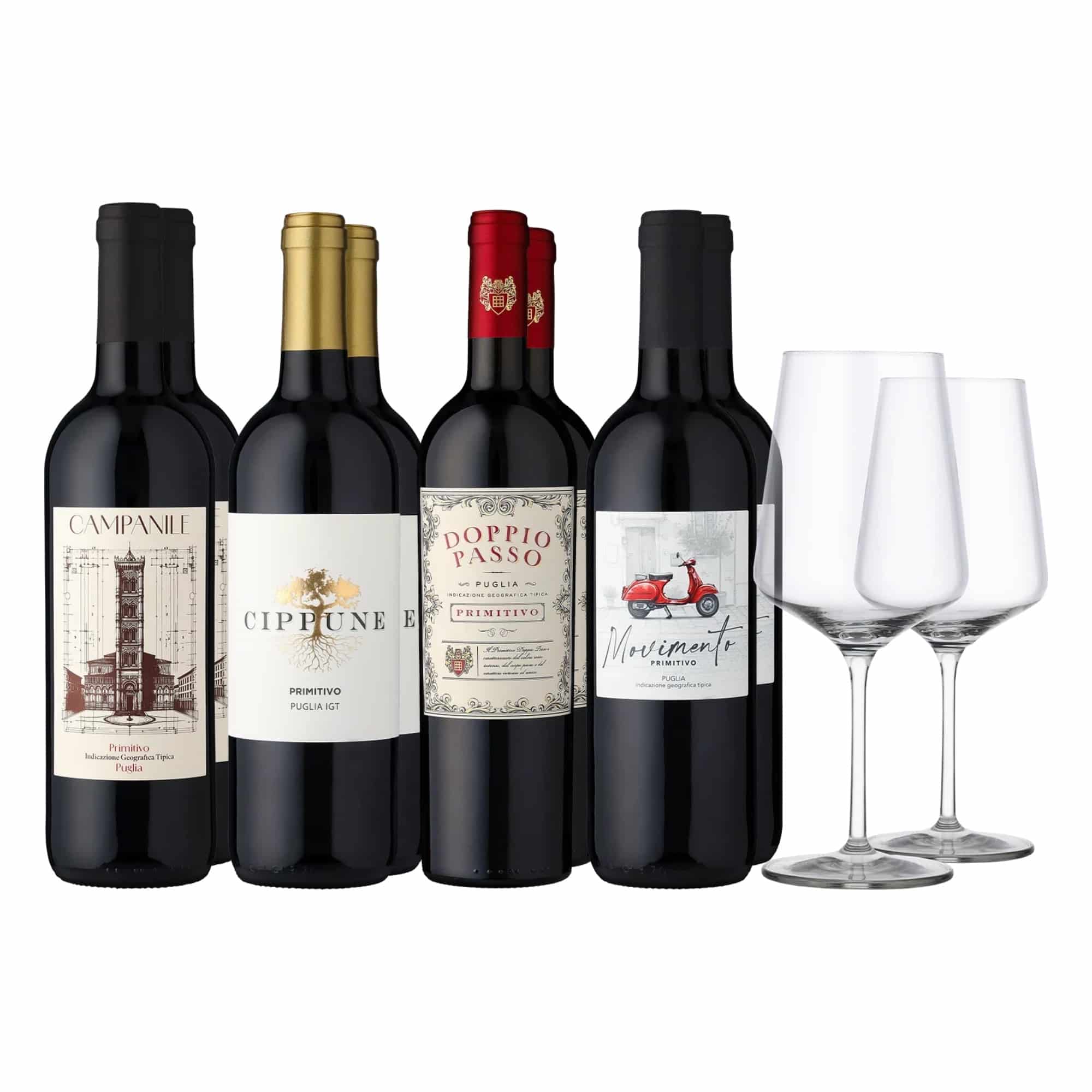 8er-Probierpaket Rotwein: Primitivo-Highlights inkl. 2 Gläsern