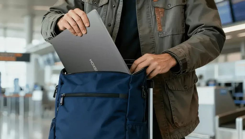 Mann packt seinen Geekom Laptop am Flughafen in die Tasche