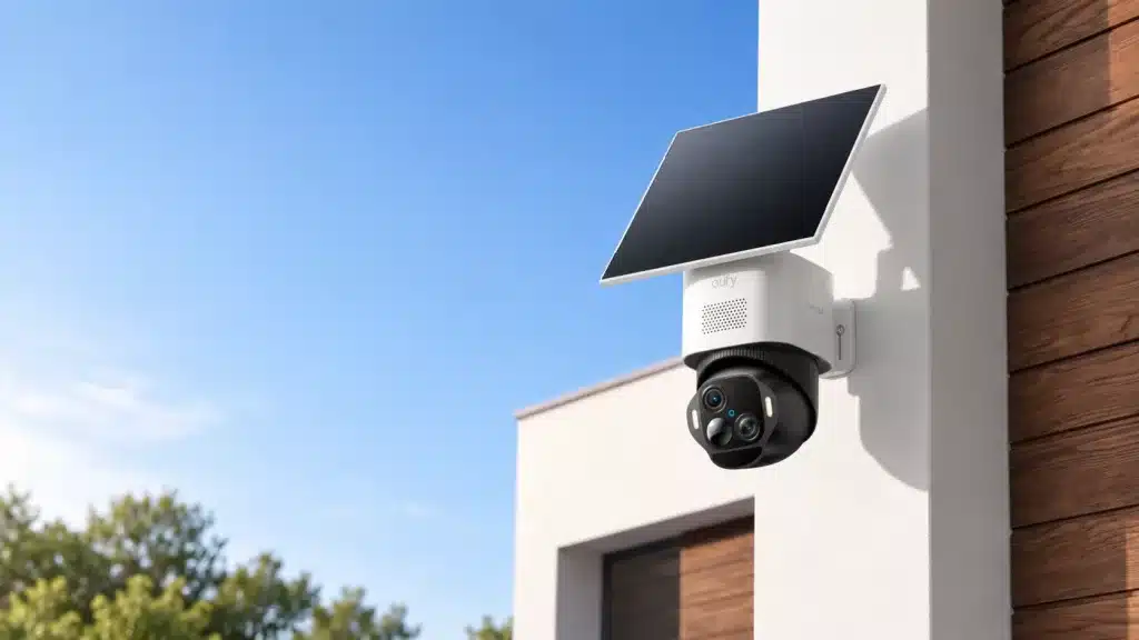 Rechts im Bild weiße Hausecke mit weiß schwarzer Kamera mit schwarzem Solarpanel oben drauf, links blauer Himmel und ein paar Baumkronen